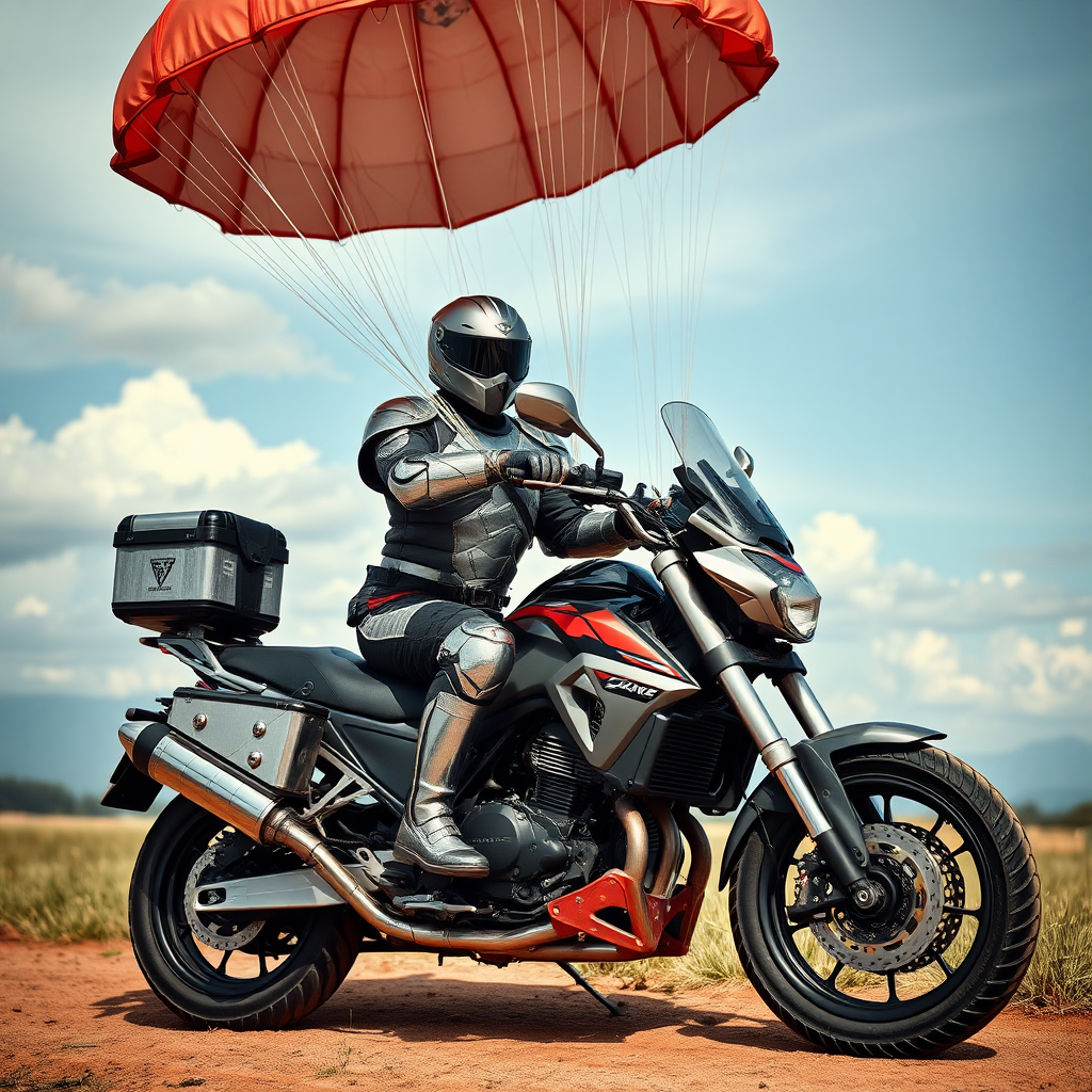 A man in armor on a motorcycle that has parachutes.