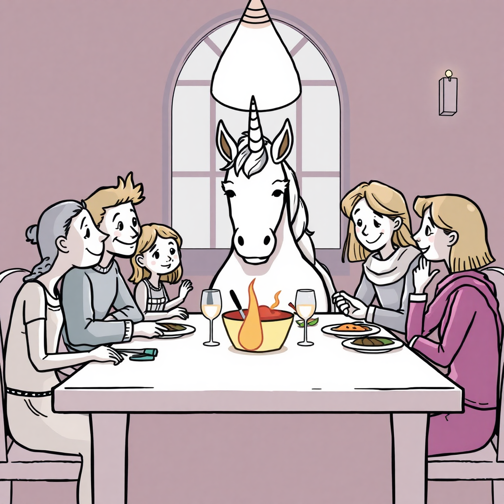 Draw a unicorn having dinner at a table with a human family.