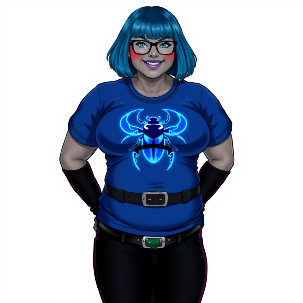 A 28-year-old, full-figured, metallic middle gray-skinned computer program hybrid with a maximum blue bob cut. She has a non-athletic build, highlighted by a prominent, round, large midsection (with emphasis on her belly). As a digital sidekick, computer hacker, and nerdy girlfriend to her cyberpunk vigilante boyfriend, her middle gray metallic skin and maximum blue lipstick emphasize her digital nature. She wears a tight-fitting, maximum blue t-shirt (accentuating her large belly) with a neon blue glowing chest icon of a beetle, black pants, a black belt with a sapphire scarab buckle, and black gloves. Her bright blue eyes, black eyeglasses, and lovestruck smile with neon red blush accentuate her nerdiness. She stands bashfully with her hands behind her back, her t-shirt covering her midsection (especially her large belly) and emphasizing her full-figured, non-athletic physique. She is on a solid white background. She is drawn as if she was in a retro 2D cyberpunk fighting game. She is clearly non-athletic, with a focus on her full-figured physique. Ensure her t-shirt covers her midsection (especially her large belly).