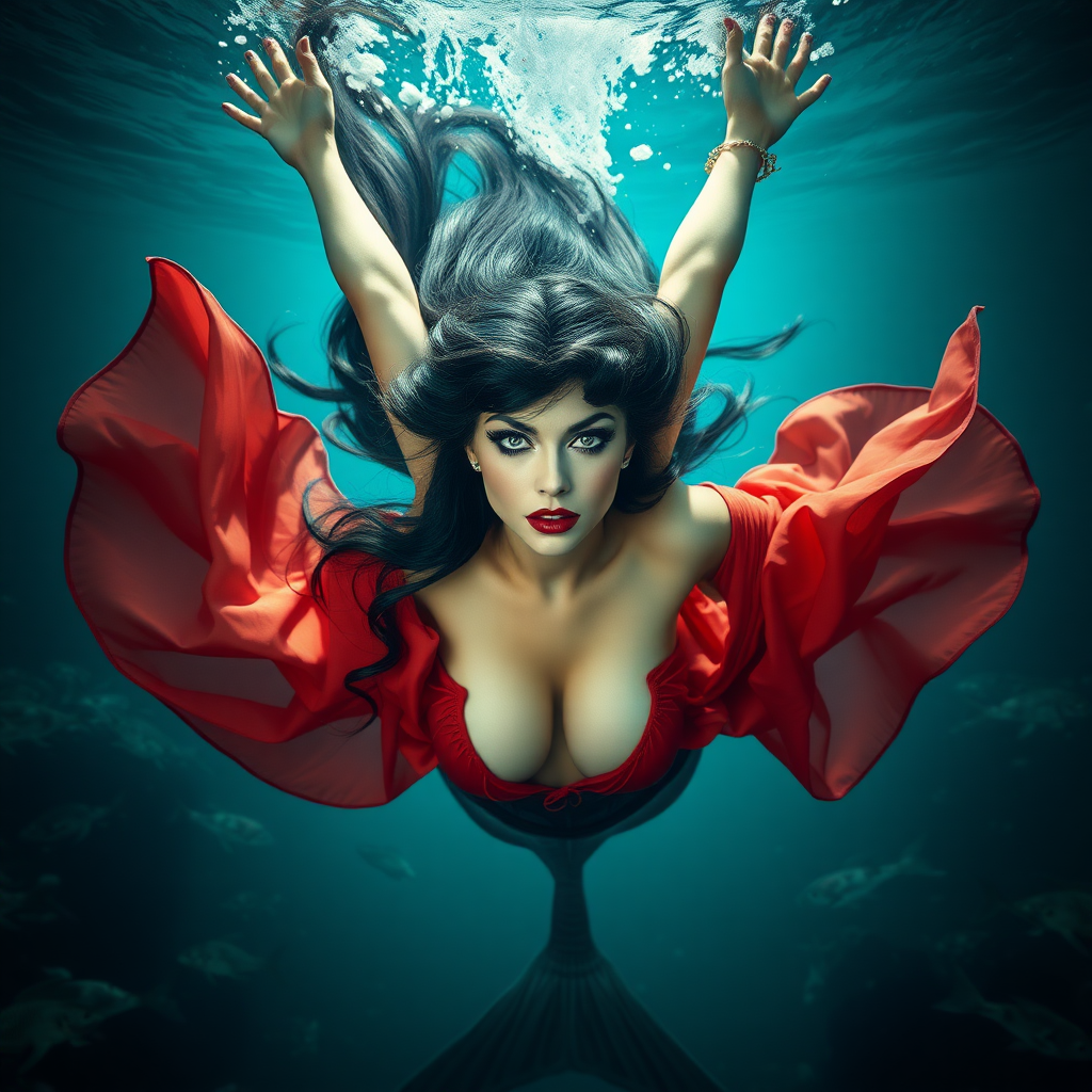 Imagine: Vampirella as a mermaid, her huge teardrop shaped décolletage overflowing her loose outfit as she swims down underwater directly towards the viewer. She maintains intense eye contact. Her long hair floats like a nimbus cloud. Her arms are raised high, floating over her head. She is deep under the sea surrounded by aquatic life. It is a highly detailed DSLR Photograph.