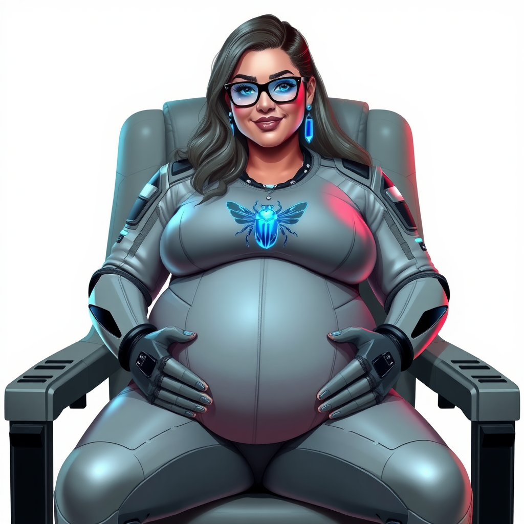 A 29-year-old computer science major, she is the devoted girlfriend of a vigilante and serves as his dotingly pampered, full-figured, nerdy digital sidekick. She is now a Computer Program hybrid, with a unique, metallic Middle Gray (N5) skin color that matches her suit and hair, making her resemble a computer program. Her long hair, suit, and skin are all Middle Gray (N5). Her neon blue eyes are mesmerizing. Her full figure, especially her prominently gargantuan round midsection, shows just how heavily fed and pampered she is, with sequoia-sized limbs and broad shoulders.

As a loyal and supportive sidekick, she plays a crucial role in their missions, using her digital prowess to assist and protect. She wears a blue sapphire scarab necklace and blue sapphire earrings, which she received as symbols of their love before his 5-year disappearance. Her digital and computerized biker suit, also Middle Gray (N5), covers her entire body and is adorned with a neon blue beetle emblem on its chest. The suit is equipped with high-tech features, including holographic displays and integrated hacking tools. She has matching high-tech gloves. She emits neon blue data cubes from her body, set against a solid white background.

Heavily, attentively, and immensely pampered through being well-fed since their reunion, her full figure clearly shows the extent of care she has received. Despite her digital enhancements, she retains her human vulnerabilities, including hunger and sleep, and is not immune to human weaknesses. She has the ability to hack into computers and machines, and her nerdiness is blatantly obvious with her black oversized eyeglasses. Her full figure, especially her gargantuan midsection, is prominently displayed and heavily emphasized. Her outfit, influenced by DC’s Jennifer Knight Phantom Lady, remains distinct.

Despite her boyfriend’s limited resources, she assists in the war on crime by serving as a minicomputer, traveling in a high-tech wristwatch and supercar’s computer system. Using her hacking abilities, she relays crucial knowledge related to missions. She is often seen sitting in a giant lounge chair, contently patting her stomach with a beaming smile and a neon red blush. She is drawn as if she was in a retro 2D cyberpunk fighting game.