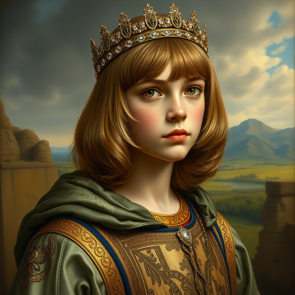 16yo teen boy prince, long bob cut, embroidered with gold and diamonds medieval cloths, diamond diadem, and Beautiful War. Free style by Adolphe William Bouguereau Academic realism. The background is in the style of landscape style by Antonio del Polaiolo, Generating the signature at the bottom: Viva FLUX & Bach, ultra high resolution, 16K.