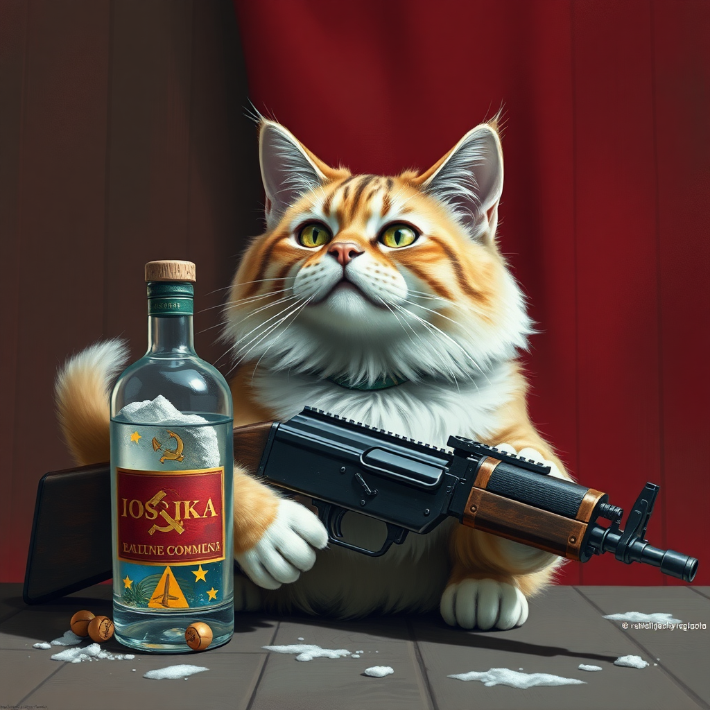 Soviet communist cat with an AK-47 and vodka