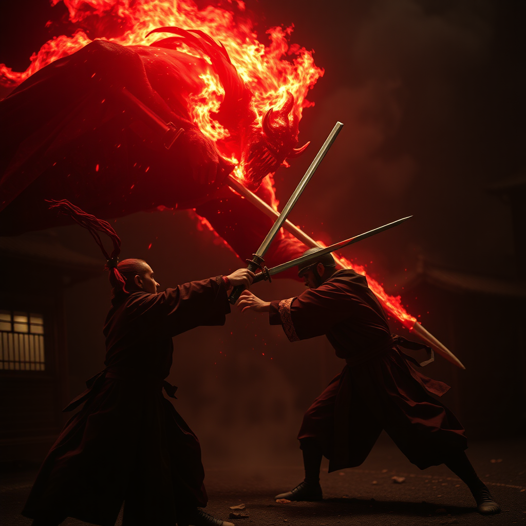 cinematic still of A samurai with a katana attacks a demon in the dark night.