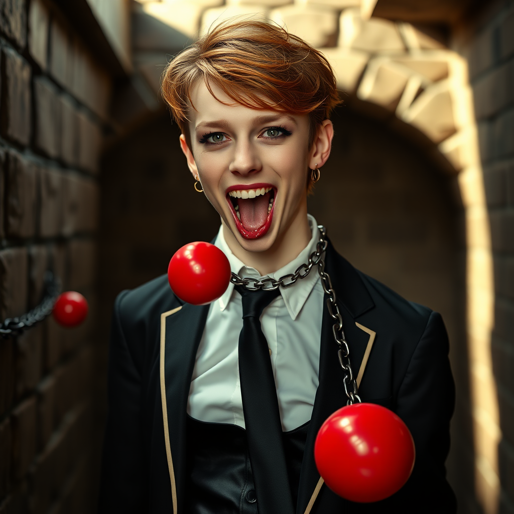 photorealistic, ultra high resolution, 16K, surreal fantasy, soft studio lighting, Tyler Swift is a pretty 18 year old goth male, slim male physique, auburn hair, goth makeup, earrings, shiny black pantyhose, school uniform shirt tie and blazer, Mary-Jane shoes, spikey neck collar chain and leash, red ball-gag, in a dungeon, the end of the leash is chained to the wall, in daylight, excited open mouth smile, drooling a stream of saliva, facing the camera.