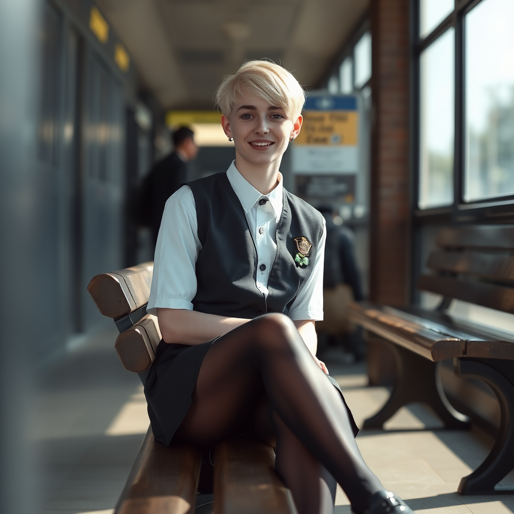 photorealistic, ultra high resolution, 16K, surreal fantasy, soft studio lighting, a pretty 18 year old goth male, slim male physique, short blonde hair, goth makeup, earrings, shiny black pantyhose, UK girls-school uniform, Mary-Jane shoes, sitting on a bench waiting for the school bus, in daylight, excited smile, facing the camera.