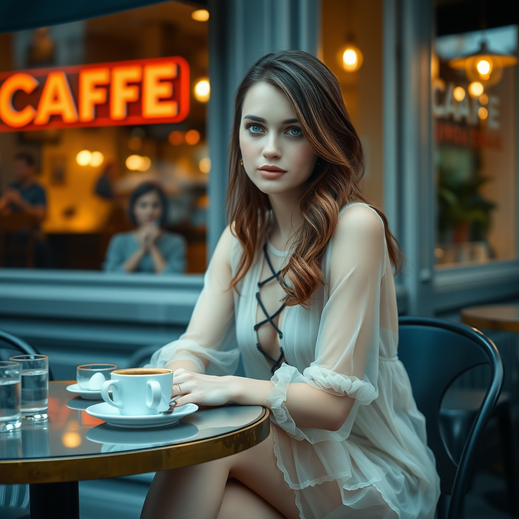 A young woman with brunette hair and pale blue eyes, wearing a translucent dress and lace-up high heels, is sitting in front of a café at a table. A cup of steaming coffee and a small glass of water are on the table. She has an interested look. It's late evening. Photo.