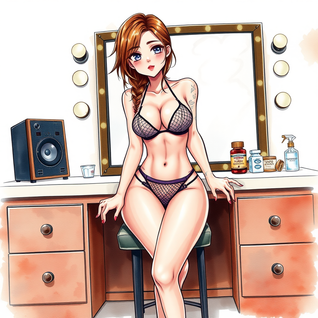 digital watercolor painting illustration with realistic paper texture, depicting western anime cartoon style sexy cartoon girl in revealing micro mesh bikini gstring thong sitting on built in vanity with knees parted to reveal panties