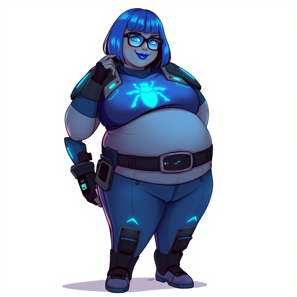 A 28-year-old, full-figured, Middle Gray skinned, computer program hybrid with a maximum blue bob cut. She has a non-athletic, full-figured build, highlighted by a prominent, round, large midsection (with heavy emphasis on her large belly). As the full-figured, nerdy, digital sidekick to her cyberpunk vigilante boyfriend, her metallic middle gray skin and maximum blue lipstick emphasize her digital nature. She wears a digital, computerized costume, consisting of a huge, tight-fitting, maximum blue t-shirt with a neon blue glowing chest icon of a beetle, hi-tech shoulder pads with neon blue glowing accents, a black hi-tech belt with a digital neon blue glowing buckle, digital maximum blue pants with neon blue accents, and black hi-tech gloves with neon blue glowing accents. Her bright blue eyes, black eyeglasses with neon blue glowing lenses with a built-in HUD, and shy smile with neon red blush accentuate her nerdiness. She stands bashfully with one hand behind her back and the other hand gently touching her cheek, her costume covering all her skin and emphasizing her full-figured physique (especially her belly). She is clearly non-athletic, with a heavy focus on her large belly. Despite her build, she radiates beauty. She has a slim face compared to her physique, accentuating her radiant beauty. She is on a solid white background. She is drawn as if she were in a retro 2D cyberpunk fighting game.