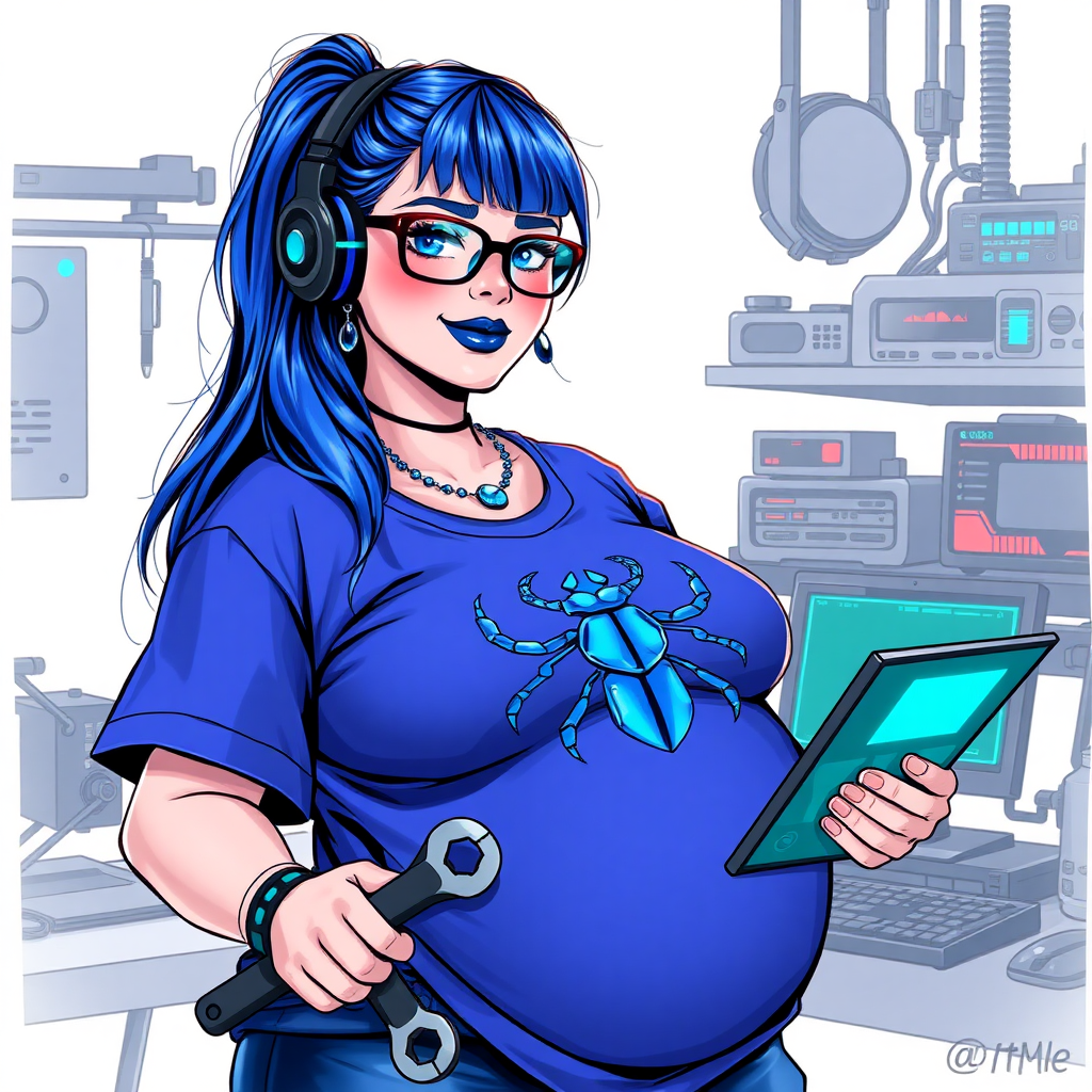 A cyberpunk vigilante’s full-figured intelligent and tech-savvy 28-year-old girlfriend, who is a computer hacker and tech genius. She has a long maximum blue ponytail. She wears maximum blue lipstick, blue eyes, a sapphire beetle gemstone necklace, sapphire earrings, black eyeglasses, and an oversized maximum blue t-shirt featuring a blue sapphire gemstone crusted chest icon of a beetle. She has a full-figured physique with a prominent, massive, round belly, reflecting her well-cared-for lifestyle. She sports a sapphire headset with a hi-tech maximum turquoise lensed HUD, and a shy smile with a neon red blush. She serves as his tech expert from his hideout, diligently working at her workbench and computer desk, while holding an electronic wrench and a holographic computer tablet. The background is solid white. She is drawn as if she was in a retro 2D cyberpunk fighting game. Ensure her maximum blue t-shirt covers her belly.