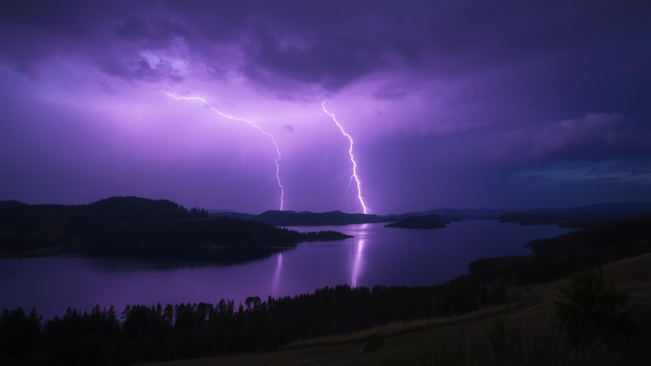 photo, lakes, purple sky, lightning