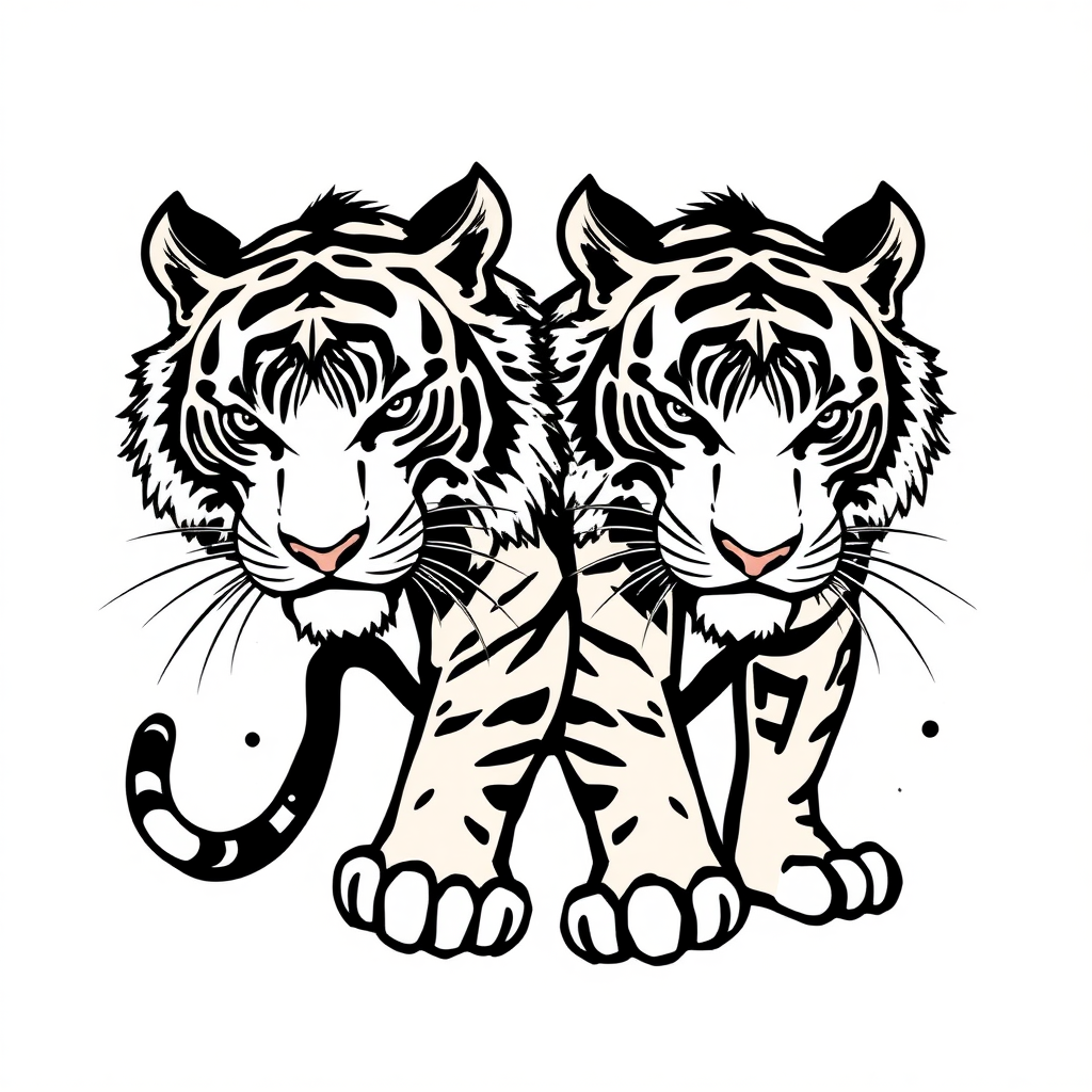 two tigers drawn in a stylized muay thai style with a small number of simple ink strokes and only using one colour suitable for a simple logo or web graphic