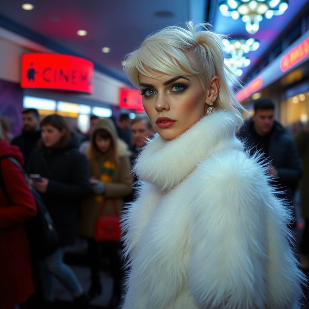 1990 winter evening, crowded cinema lobby: Sam, 19 years old beautiful involuntary femboy, rebellious intractable character, petite boyish figure, platinum blond boyish rebel punk hairstyle, flawless heavily made-up face with sharp arched tattooed eyebrows, wearing Supertanya-style fluffy very fuzzy bright white angora thigh-length turtleneck-poncho fully covering body and arms, silver-glitter leggings, black leather high-heeled pumps, silver earrings, puzzled alarmed, pout serious, impatiently waiting for her master. Full view, focus on Sam’s face and turtleneck-poncho.