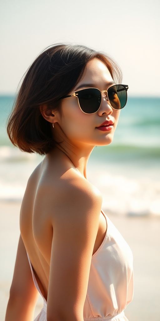 A beautiful Chinese girl, wearing sunglasses, with short hair, gentle and generous, slightly plump, with full thighs, a full buttocks, and a small chest, in the sunshine, on the beach, by the sea, wearing a dress, walking on the beach.