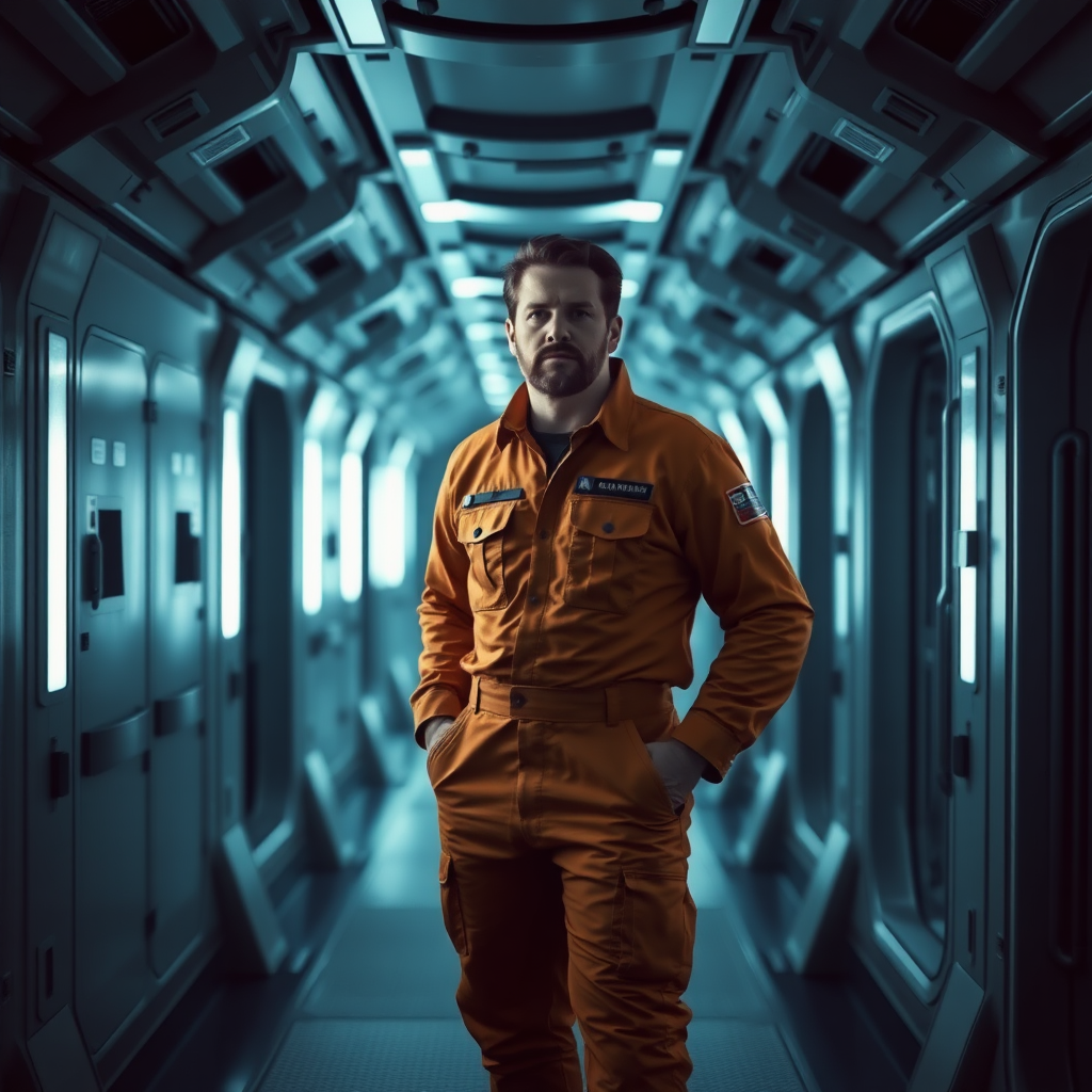 Ben Browder in a jumpsuit standing in a dimly lit hallway of a space ship