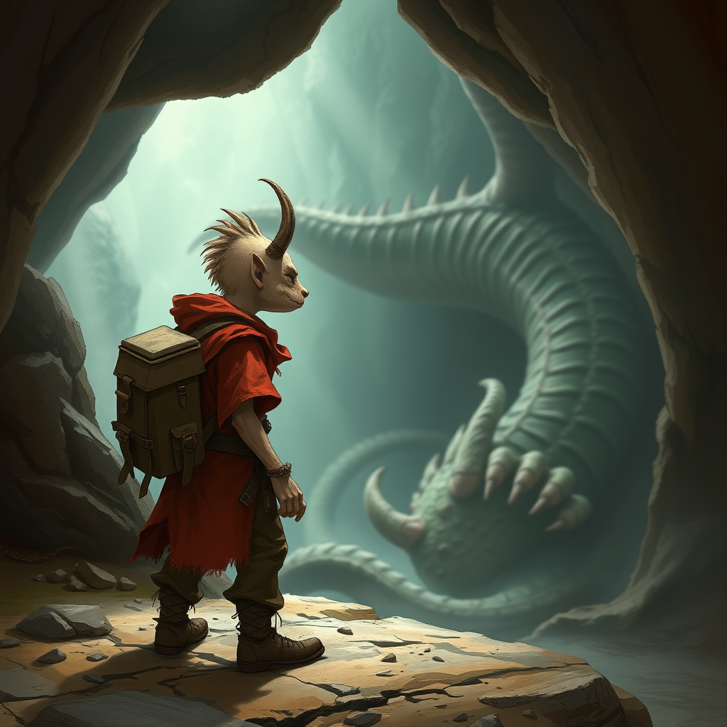 A dungeons and dragons style small, skinny, light brown, kobald monster in a tattered red tunic and dirty brown pants wearing a backpack on his back who is looking at a large sleeping dragon in a cave.