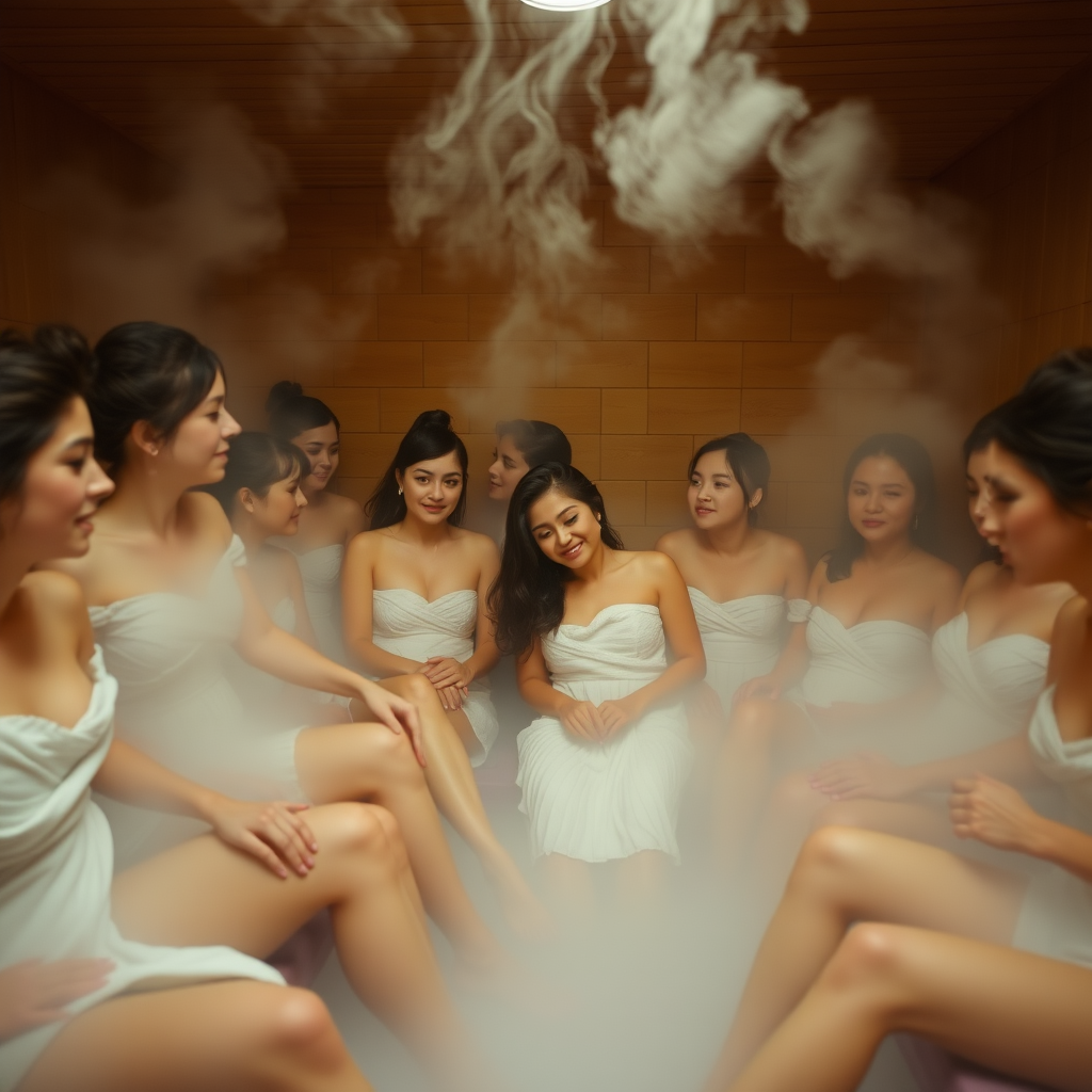 A sauna full of young women. Only towels are worn. The room is thick with steam.