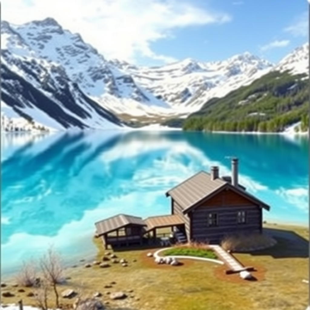 A refreshing landscape with a serene lake in the foreground reflects the breathtaking snow-covered peaks in the background. This scene captures a quiet mountain house made of dark wood located near the water's edge, with a nearby ski lift tower visible. The water is crystal clear, showcasing vibrant turquoise tones that beautifully contrast with the earthy browns and greens of the surrounding terrain. The sky adds to the tranquil atmosphere with its gentle blue hues and a stretch of clouds. It is expressed in a pastel drawing.