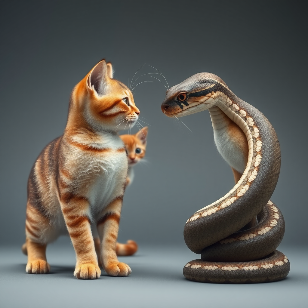 A mother cat and a snake are standing face to face, with a kitten hiding behind the mother cat, panoramic view, side shot, realistic style.