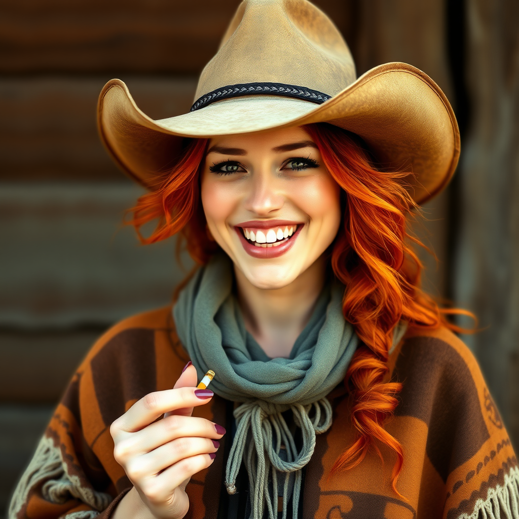 A red haired woman in a western poncho, wearing a dusty cowboy hat, holding a cigarette, grinning, and a tooth is gold.