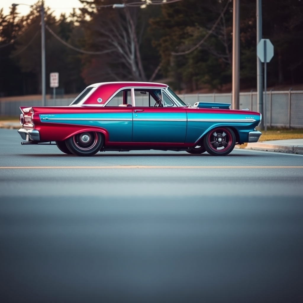 the drag car is parked on the side of the road, inspired by Taiyō Matsumoto, tumblr, restomod, nd4, c4 metallic shine candy red classic american low rider custom ford