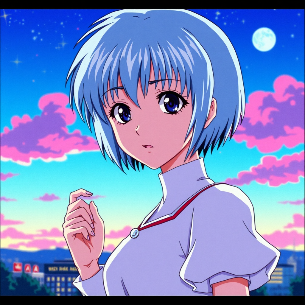 90s Anime screenshot of rei ayanami