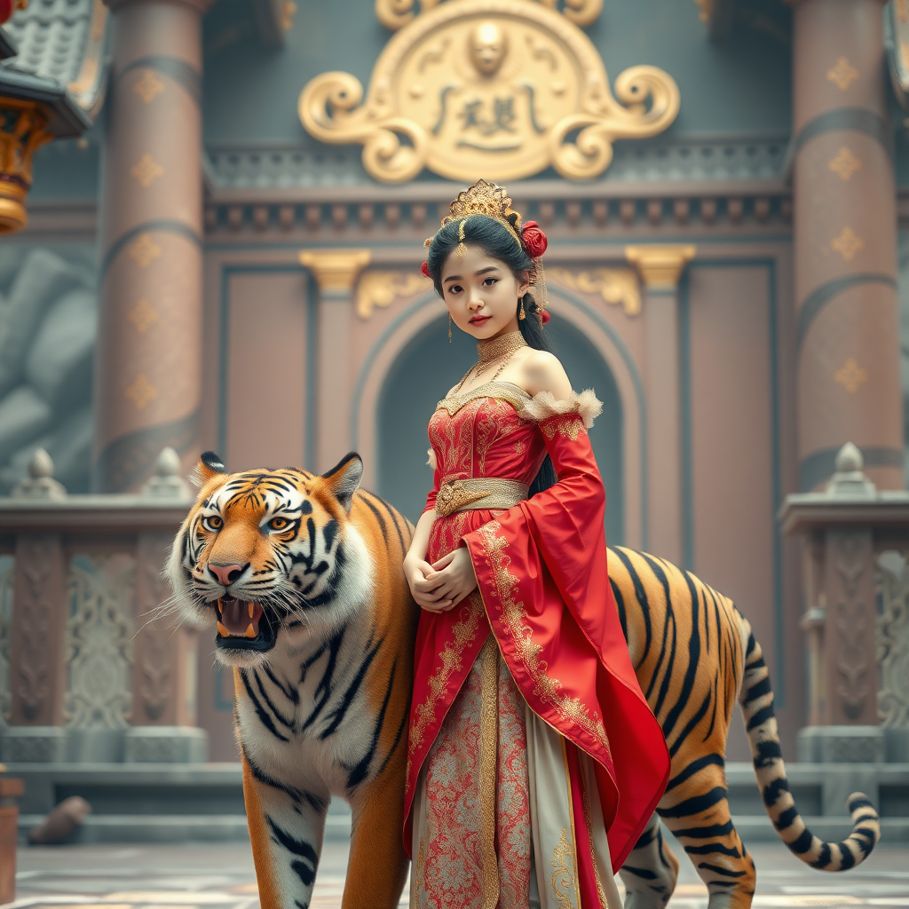 young oriental princess standing in the palace. a tiger on her side. photo