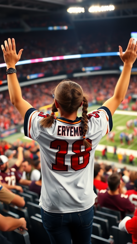 Female NFL fan, very attractive, pigtail hair, jersey, hollering, arms raised, jumping inside crowded bleacher, NFL stadium