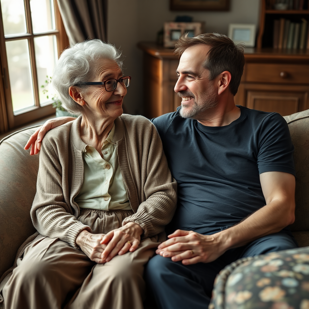 In a scene viewed from an angle and slightly above: In an old-fashioned English living room, a very frail and thin, very elderly English lady with a kind smile, short, thinning white curly hair, wrinkled face, neck and skin, wearing thin framed glasses, an old cardigan, blouse and long skirt is sitting on a sofa with an English man about 40 years old, grey stubble on his chin, brown hair, sitting close next to her on the same sofa, wearing a black T-shirt and dark blue jeans. The man and woman are smiling at each other. The woman is looking at the man's eyes and smiling. The man is looking at the woman's eyes and smiling.