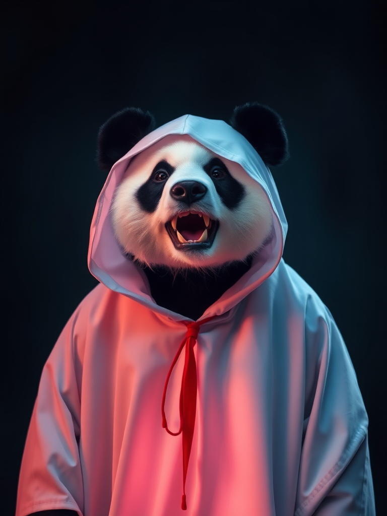 A panda bear dressed up as a ghost