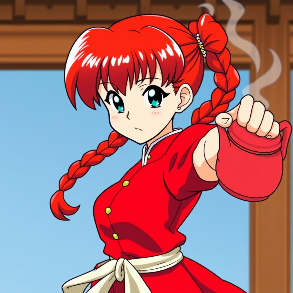 Ranma Saotome from the series Ranma 1/2 is a red-haired girl with a braided pigtail about half the length of her head wide, blue eyes, and she usually wears a Chinese martial arts suit.

Ranma is just seen dodging a thrown teapot with hot water.