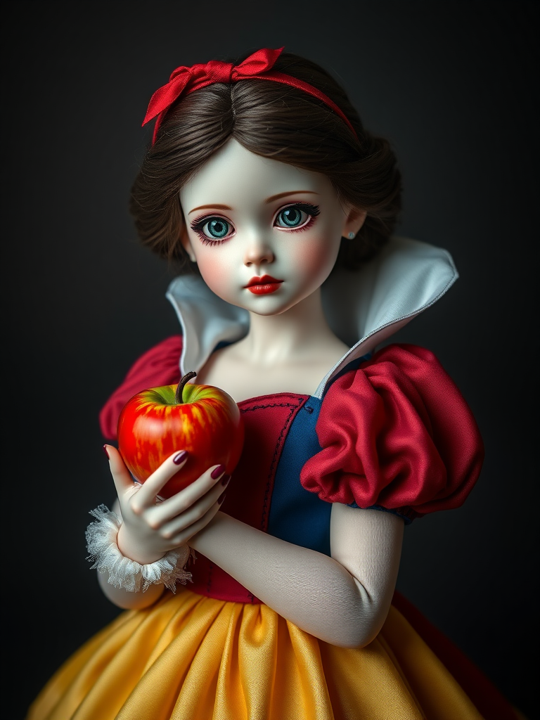 snow white holding an apple, ooak art doll, artist doll, realistic doll, life-like porcelain doll, unique personality, stunning eyes, bisque doll, portrait photography, low key lighting, dept of field, studio photography, full body shot, lively pose