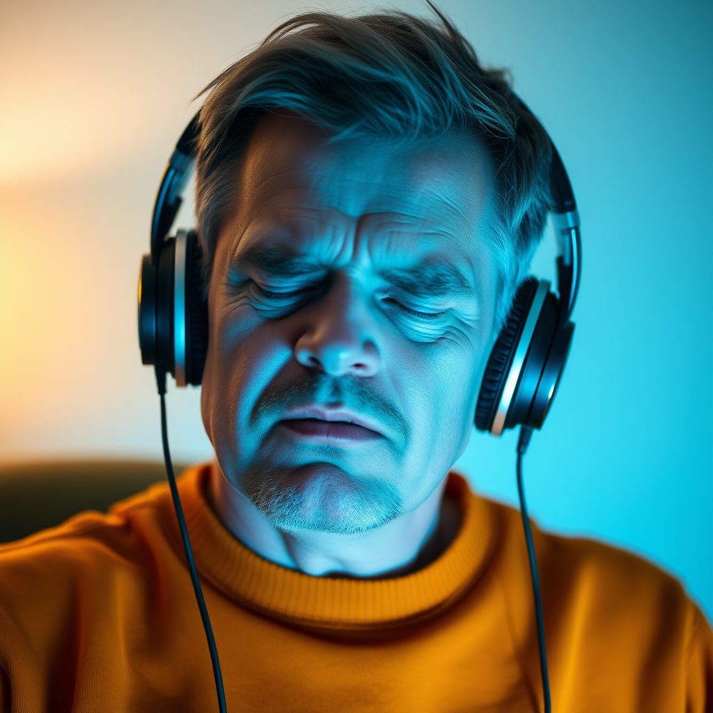 Caucasian middle aged man with closed eyes listening with headphones