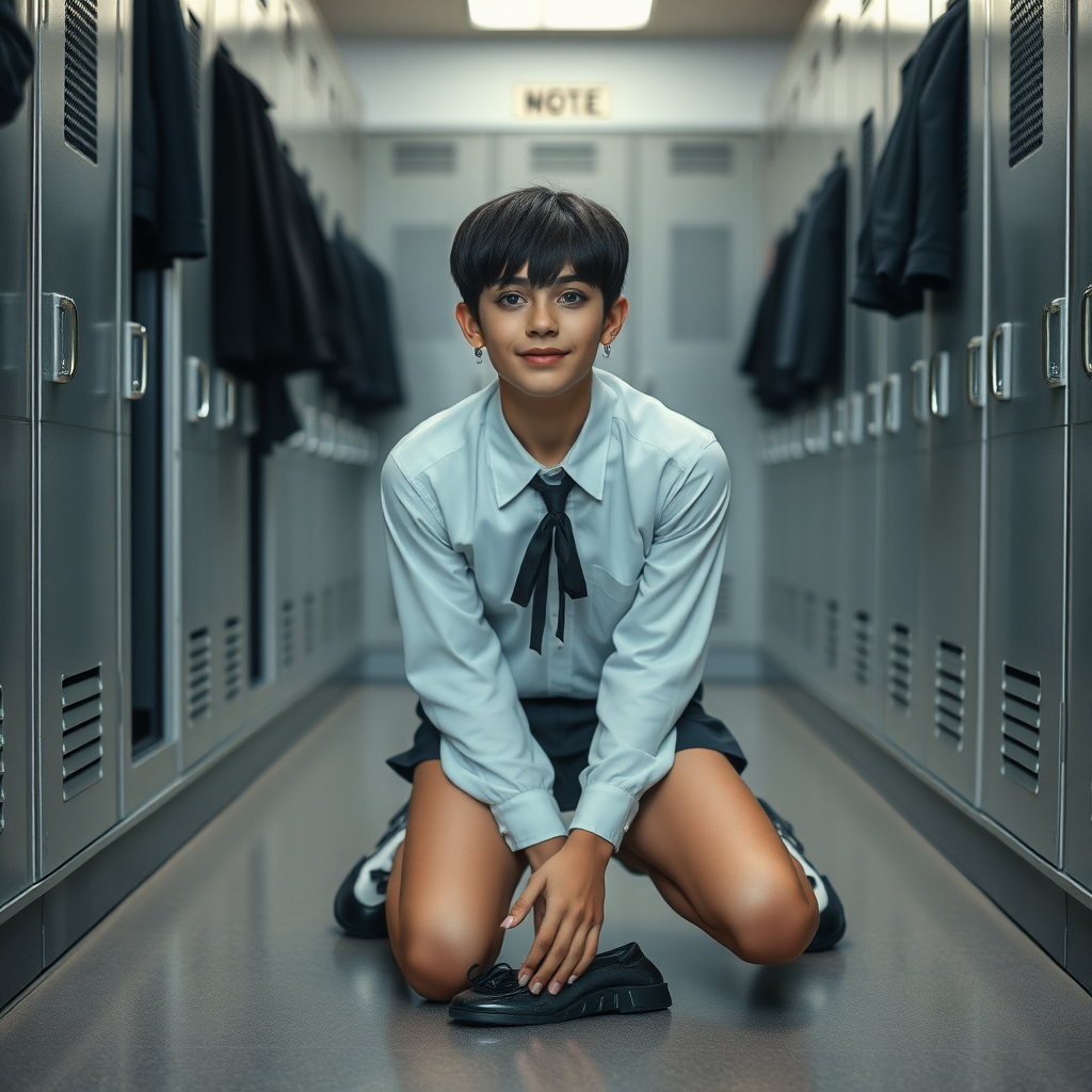 photorealistic, ultra high resolution, 16K, surreal fantasy, soft studio lighting, a pretty 17 year old goth male, slim male physique, short dark hair, blue eyes, goth makeup, earrings, sheer pantyhose, UK girls-school uniform, Mary-Jane shoes, kneeling on the floor of the locker room looking up at the camera, excited smile, facing the camera.