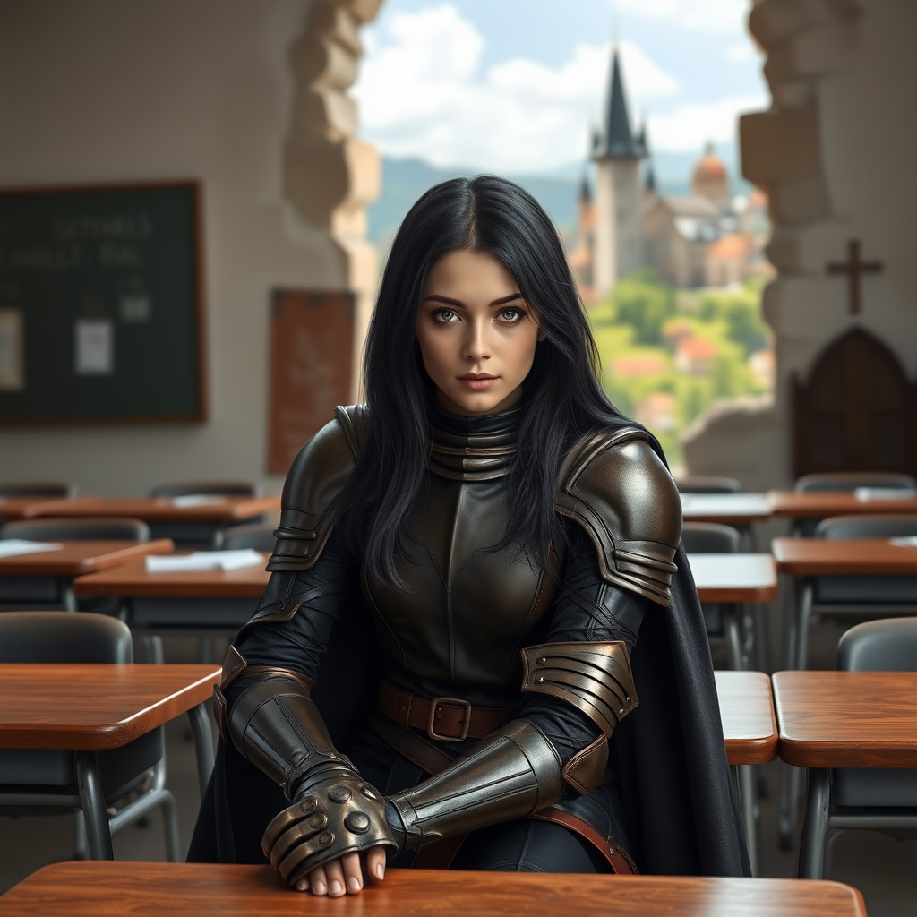 beautiful young woman, dark hair past her shoulders, blue eyes, small, slim figure, wearing full leather armor suit with long cape, sitting in a school classroom at student desk with the wall missing with a beautiful medieval village in the background.