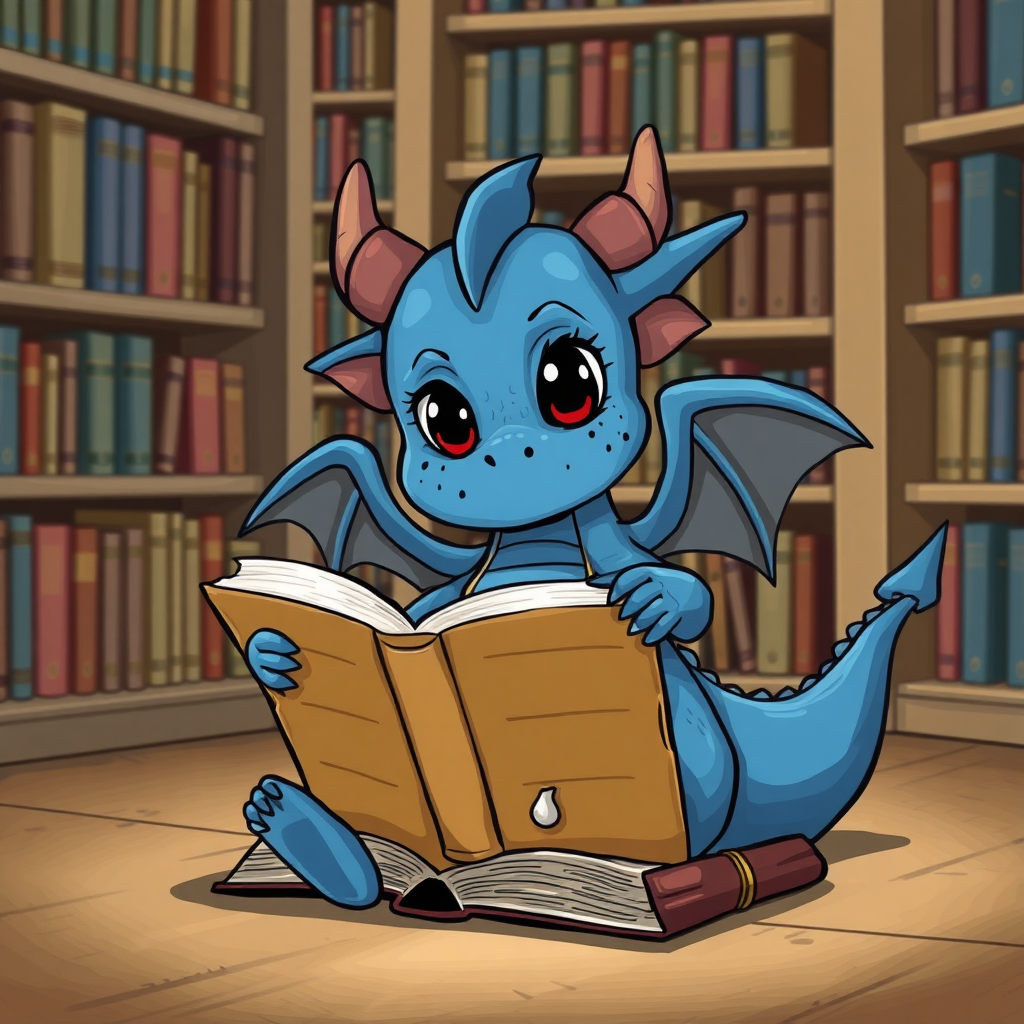 A cartoon bored blue small dragon with two legs, two arms, black eyes with red pupils and wings in a library reading from a large book that is sitting on the ground beside him.