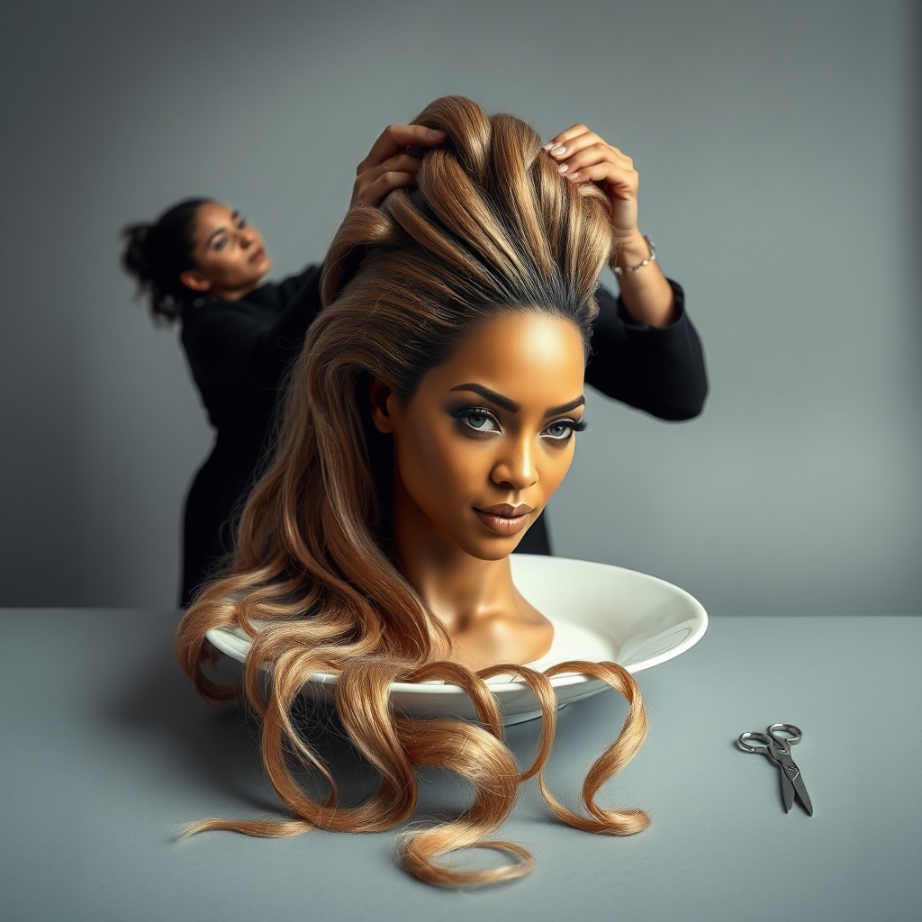 In a surreal and provocative scene, a beautifully tethered, disembodied head of Beyoncé rests gracefully on an elegant porcelain plate, her long, luxurious hair cascading like a waterfall of silky strands around the edges, creating a striking contrast against the stark, muted gray background. The sheen of her skin glows softly, exuding an air of ethereal beauty, while her chin rests delicately on the plate, poised and serene. Behind her, a skilled hairdresser, clad in chic black attire, stands with a focused expression, gently teasing and arranging her magnificent hair with nimble fingers, creating intricate patterns that defy gravity. The atmosphere is oddly intimate yet surreal, blending an appreciation of beauty with an unsettling twist, as soft light casts subtle shadows, enhancing the textures of both hair and porcelain. The air is filled with a quiet stillness, broken only by the subtle sound of the hairdresser’s scissors snipping rhythmically and the faint fragrance of hair products mingling with the cool air, heightening the unusual but captivating atmosphere of the scene.