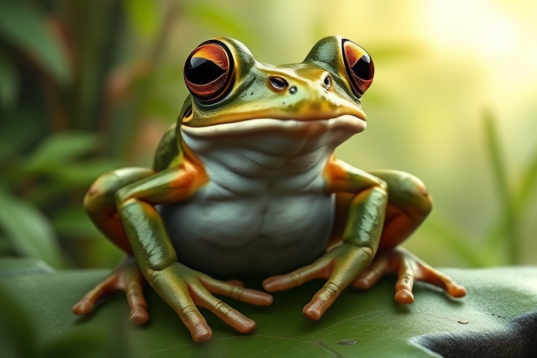 Create a full-length photorealistic image of a frog modeled after the framework and silhouette of a horsefly, ensuring the frog's head remains intact complete with distinct facial features. Retain the frog's smooth skin texture alongside soft, fur-like details representing the horsefly's characteristics. For the background, blend elements from both the frog's natural habitat and the horsefly's environment, incorporating lush greenery and vibrant colors to evoke the essence of each creature. The scene should harmonize these diverse attributes, showcasing a unique fusion of the two animals.