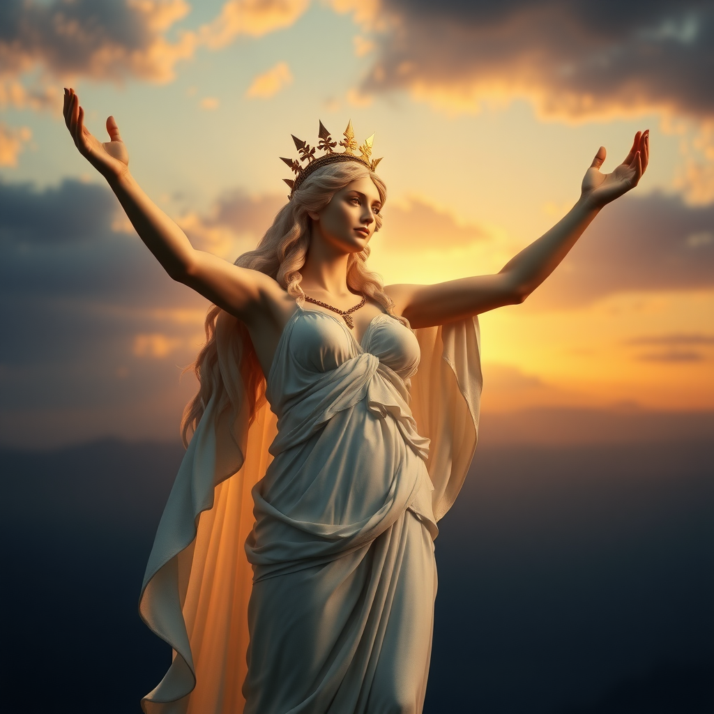 The Beautiful Goddess Venus reborn arms up greeting the dawn