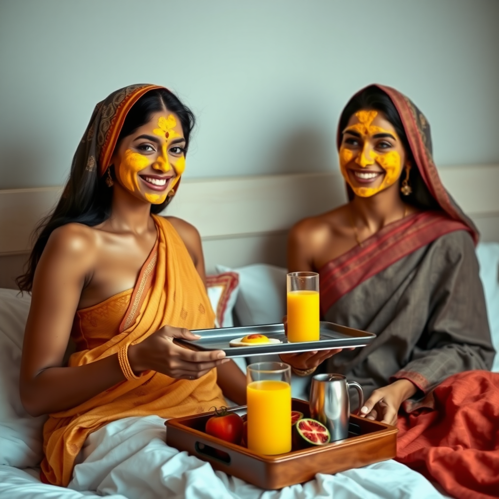 slim, 30 year old, sexy, 2 indian wives, scarf head, turmeric face mask. They are smiling and serving breakfast on a tray on bedside table