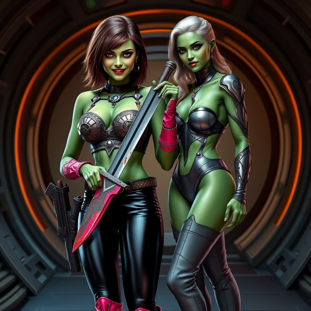 Tall, beautiful green skinned woman. Her brown hair is in a shag-cut style. Her eyes are gold. She is dressed in an ornate metal bra. She is wearing black leather pants, with pink knee high boots. She is holding a large, bloody dagger in a threatening manner. She is smiling. A sci-fi looking gun is holstered at her hip. Standing next to her, hand on her shoulder is an older green skinned woman, dressed in a metal bikini and gray knee boots. She is at a sci-fi space-port.