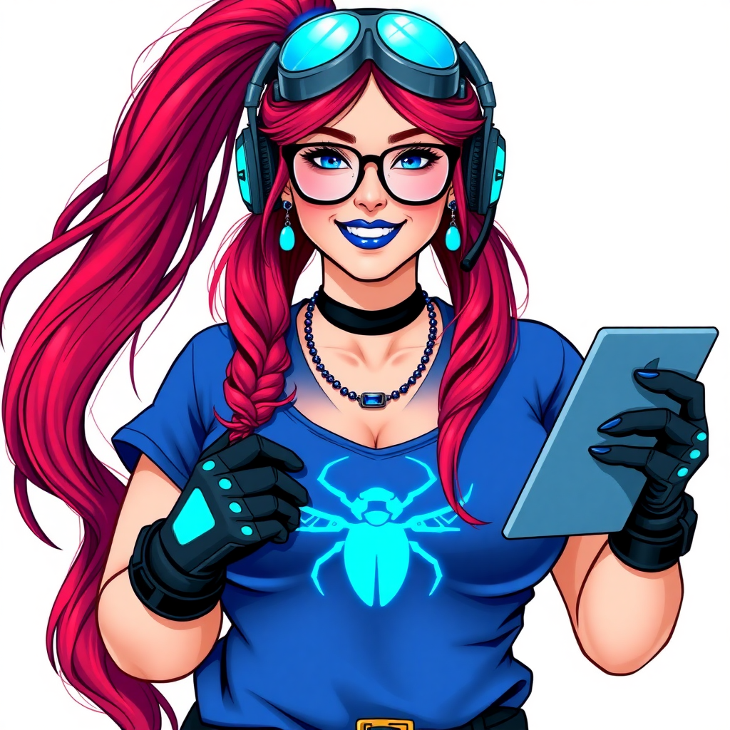 A full-sized, intelligent and tech-savvy 28-year-old computer hacker and tech genius. She has a long ruby red ponytail. She wears maximum blue lipstick, blue eyes, a sapphire beetle gemstone necklace, sapphire earrings, black eyeglasses, hi-tech power gloves, and a gigantic oversized maximum blue t-shirt featuring a neon blue glowing beetle chest icon. She has a full-figured physique with a prominent, gargantuan, round midsection, reflecting her well-cared-for lifestyle. She sports a sapphire headset with a hi-tech maximum turquoise lensed HUD, and a beaming smile accentuated by a passionate neon red blush. She serves as his tech expert from his hideout, holding a futuristic tool wrench and a futuristic digital tablet. The background is solid white. She is drawn as if she was in a retro 2D cyberpunk fighting game.