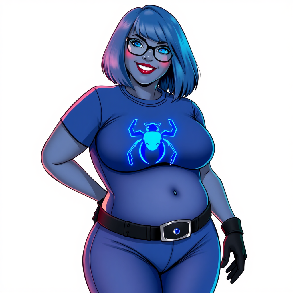 A 28-year-old, full-figured, middle gray metallic-skinned computer program-human hybrid with a maximum blue bob cut. She has a non-athletic build, highlighted by a prominent, round, large midsection (with a focus on her belly). As a digital sidekick, computer hacker, and nerdy girlfriend to her cyberpunk vigilante boyfriend, her middle gray metallic skin and maximum blue lipstick emphasize her digital nature. She wears a tight-fitting, maximum blue t-shirt with a neon blue beetle chest icon, a black belt with a sapphire scarab buckle, and black gloves. Her bright blue eyes, black eyeglasses, and lovestruck smile with neon red blush accentuate her nerdiness. She stands bashfully with her hands behind her back, her bodysuit covering all her skin and emphasizing her full-figured, non-athletic physique. She is on a solid white background. She is drawn as if she was in a retro 2D cyberpunk fighting game. She is clearly non-athletic, with emphasis on her full-figured and pudgy physique.