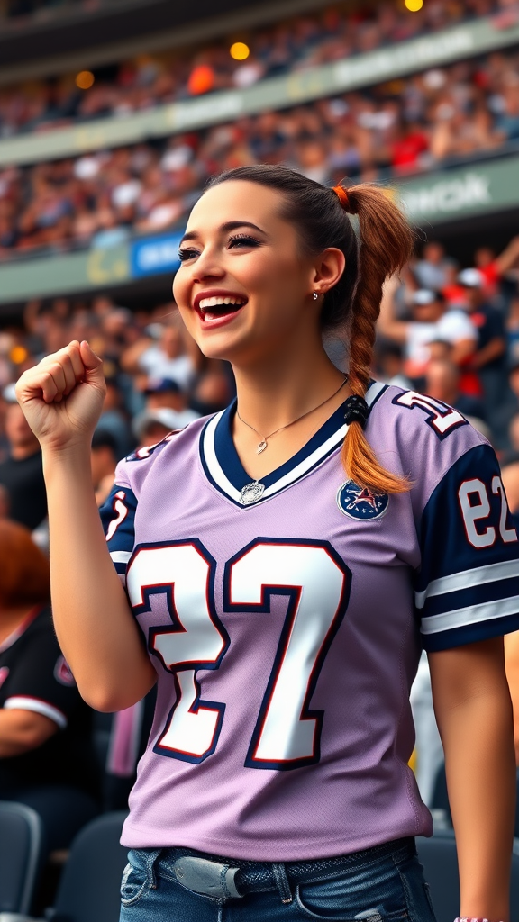 Very attractive female NFL fan, huge chest, jersey, cheering, pigtail hair, crowded stadium bleacher row