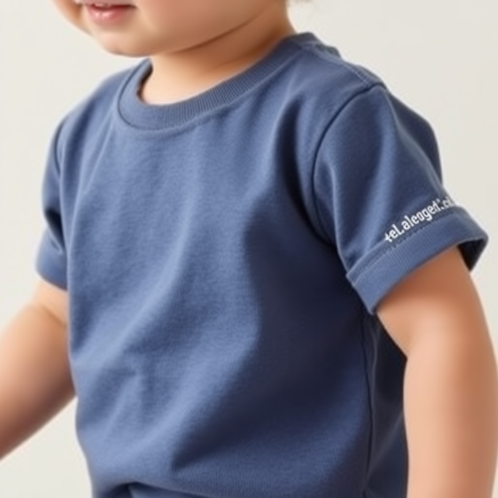 Baby T-Shirt: Model a tiny t-shirt with a relaxed, comfortable fit, highlighting soft, breathable fabric. The Elegantedge.nl name should be subtly embossed on the sleeve or collar, reflecting the brand’s minimalist and premium style. Keep the design simple with soft, calming tones suitable for babies and toddlers.