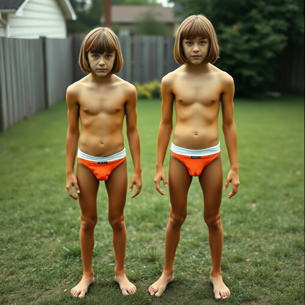 two tall 14yo teen boys, long hair bob cut, wearing very tight cartoon briefs, long legs, narrow thighs, full-length front view. 1970s. playing at backyard. photorealistic, ultra high resolution, 16K, Negative: grainy, blurry, bad anatomy, extra limbs, watermark.