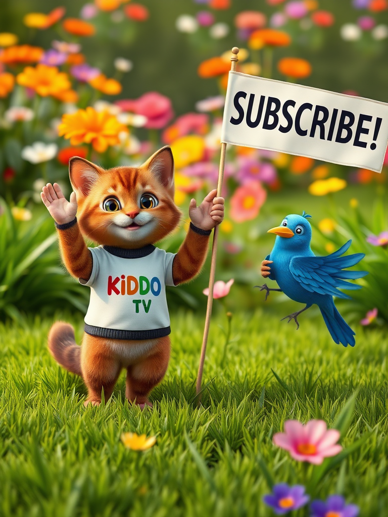 A realistic 4K scene of a Brown Cat and a Blue Bird standing on lush green grass, waving happily. The cat is wearing a shirt with 'KIDDO TV' printed on it. Nearby, the brown cat is holding a large flag that says 'SUBSCRIBE!' The vibrant garden background is filled with colorful flowers, creating a joyful and playful atmosphere.