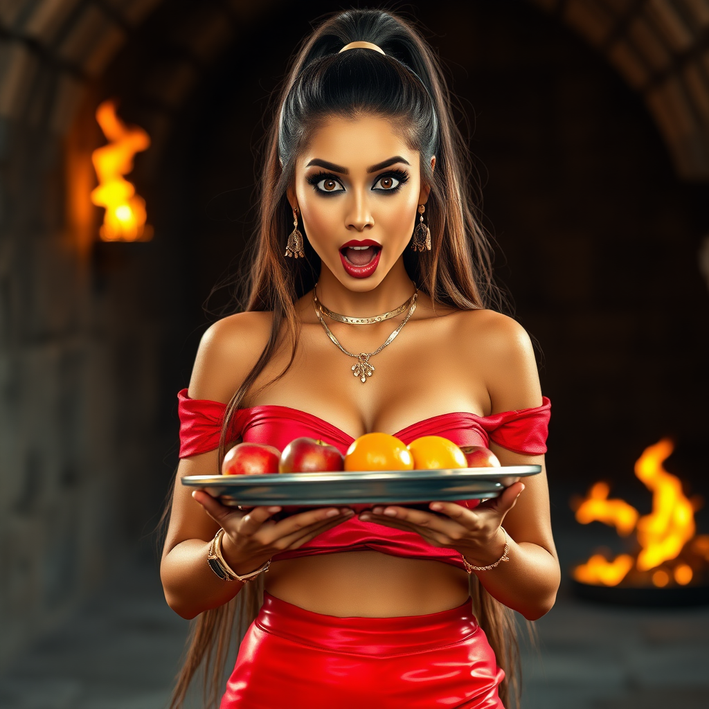 realistic photo of a surprised Arabian model with mouth open looking at the camera. She has very large eyes, black eyeshadow, black eyeliner, fake eyelashes, very tanned skin, very long hair. very high ponytail, she look likes princess jasmine, shinny red off shoulder crop top. photo realistic. She holds a metal tray with fruits just above her waist. crop top, shinny red skirt. full body view. shinny red pencil skirt. dungeon with fire torches in the background.