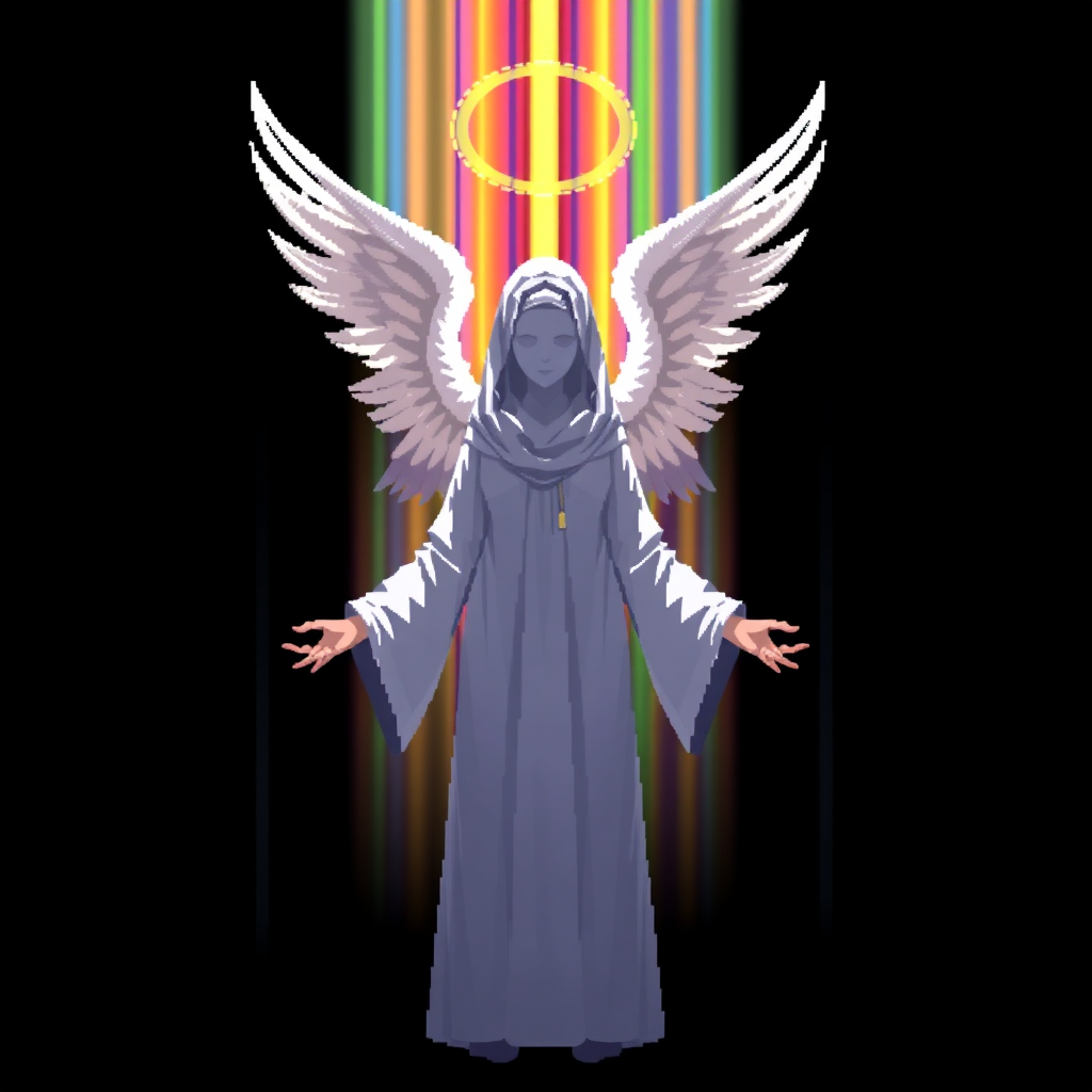 (Anime Style Pixel Art) Black background of a colorful/rainbow-like barrier, a powerful godly faceless goddess woman, 4 angel wings on back, white robes, holding hands out.