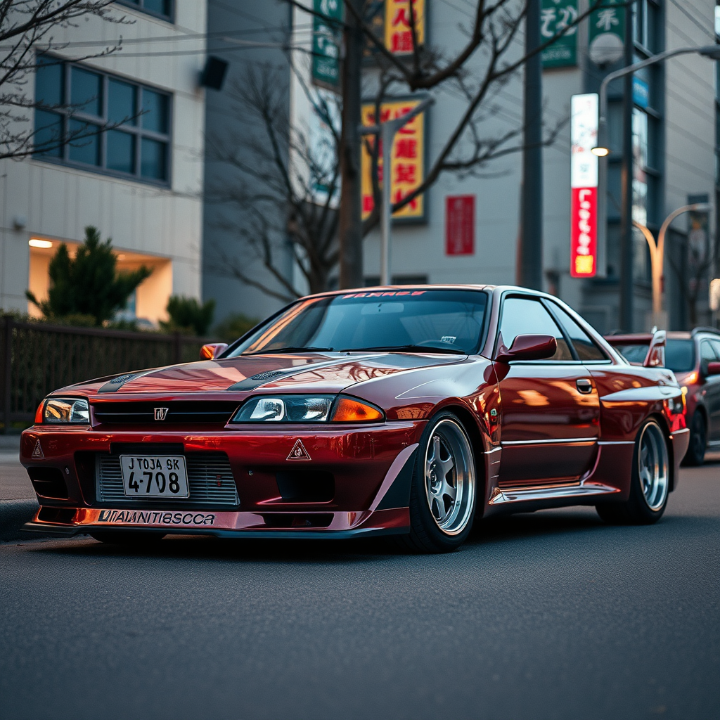 the car is parked on the side of the road, inspired by Taiyō Matsumoto, tumblr, restomod, nd4, c4 metallic shine nissan skyline r34 kalabalik tokyo gece arkaplan